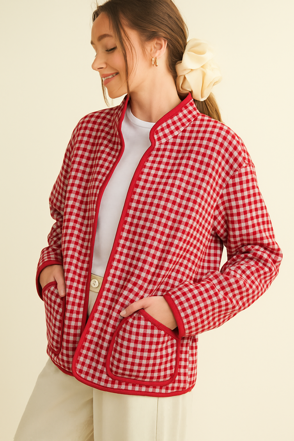 QUILTED PLAID PUFF JACKET WITH POCKETS