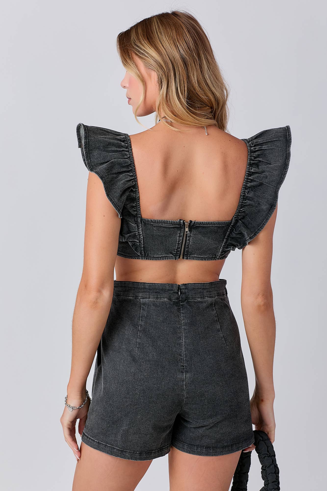 Ruffle Shoulder Denim Romper