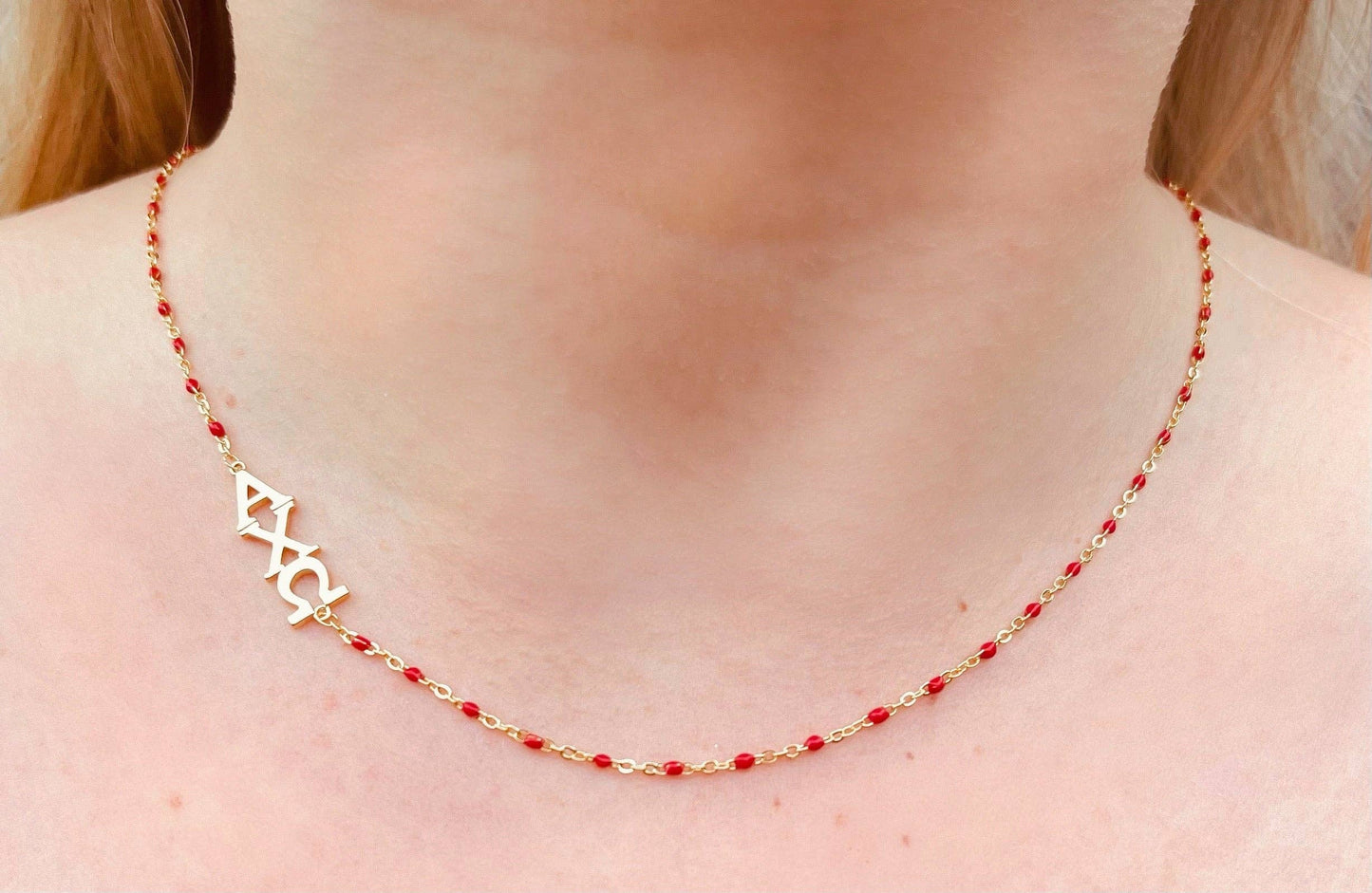 N201-The Sorority Necklace: Side Set Greek letters on Enamel Bead Necklace