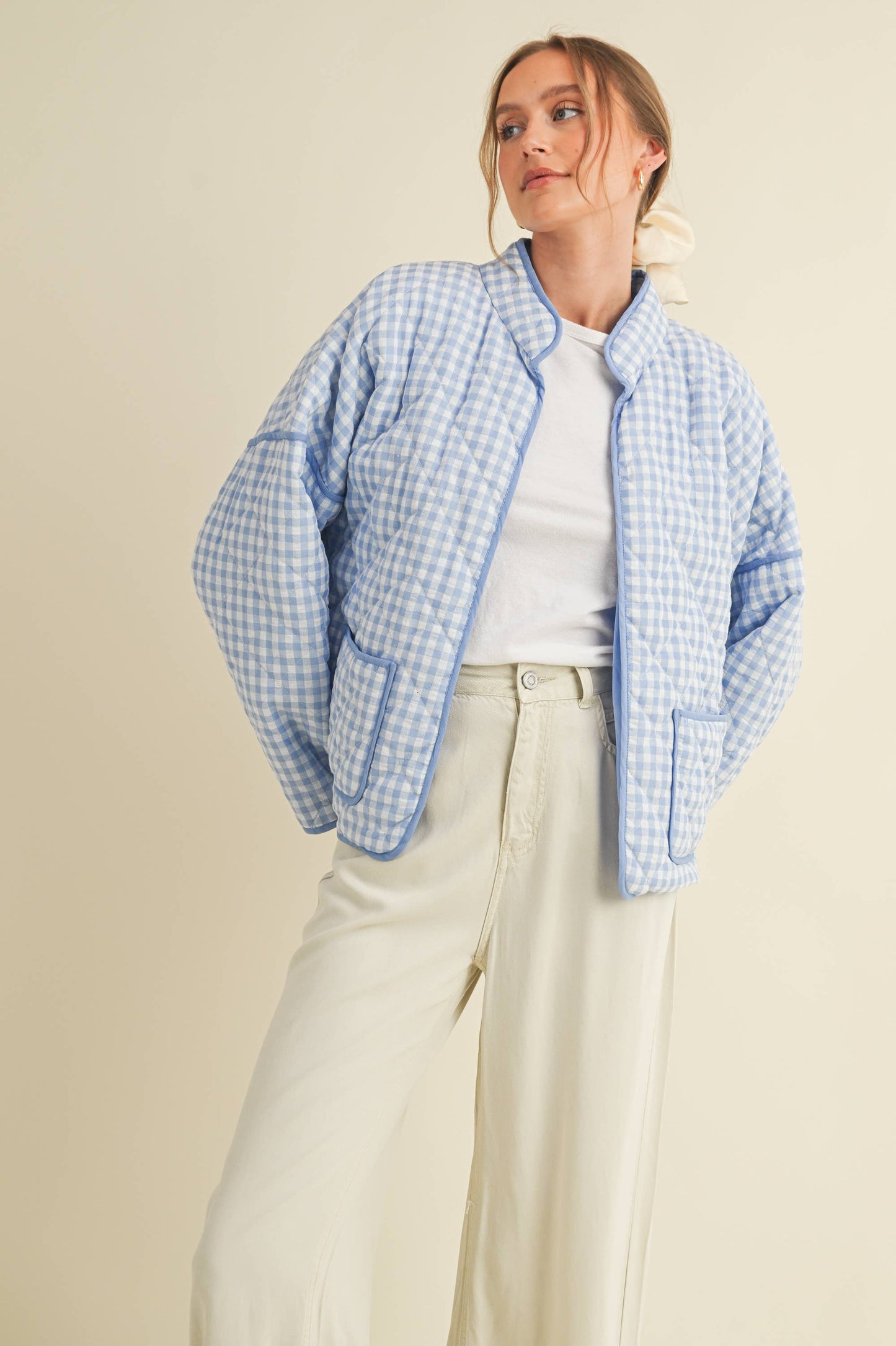 QUILTED PLAID PUFF JACKET WITH POCKETS