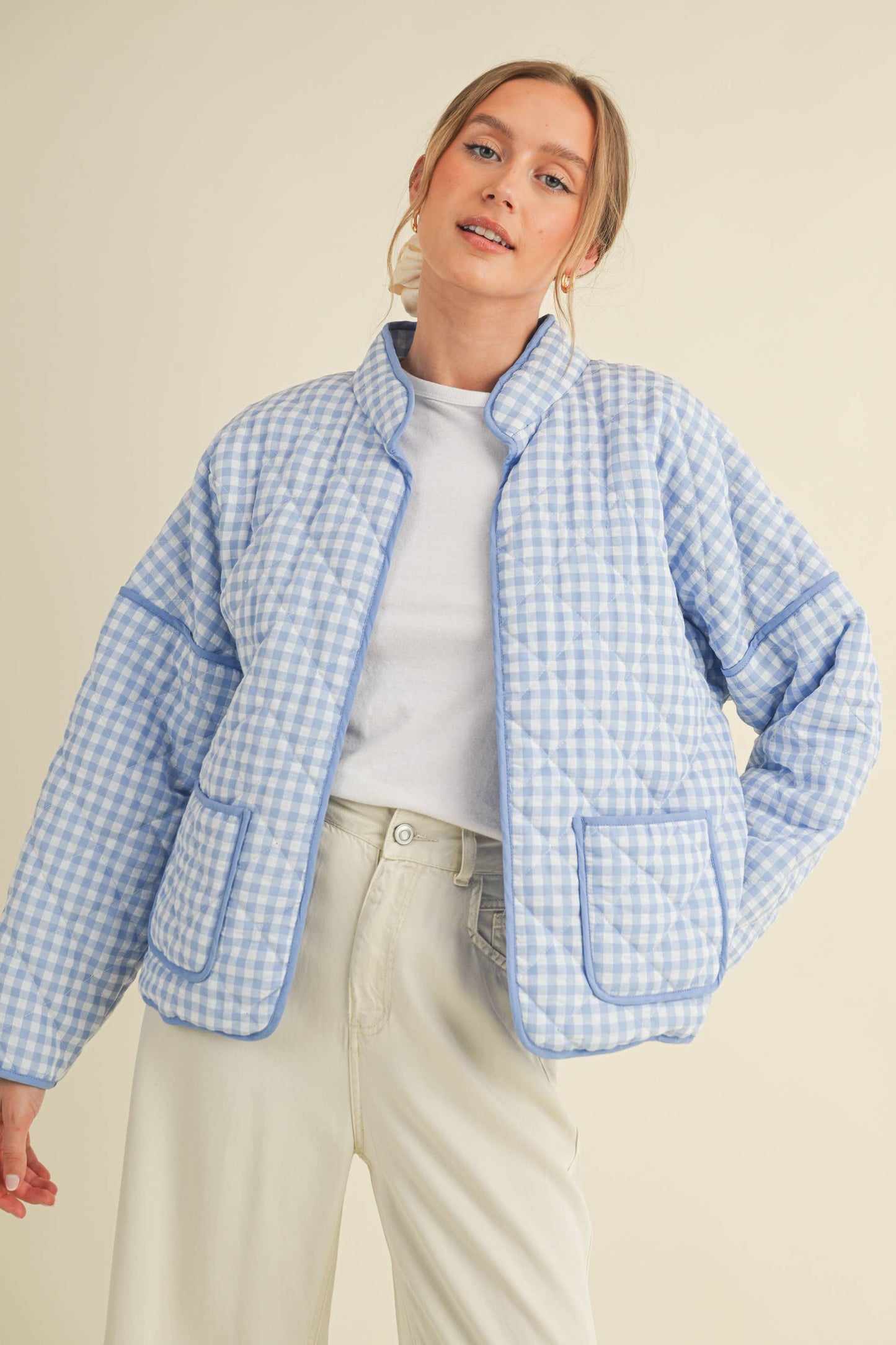QUILTED PLAID PUFF JACKET WITH POCKETS
