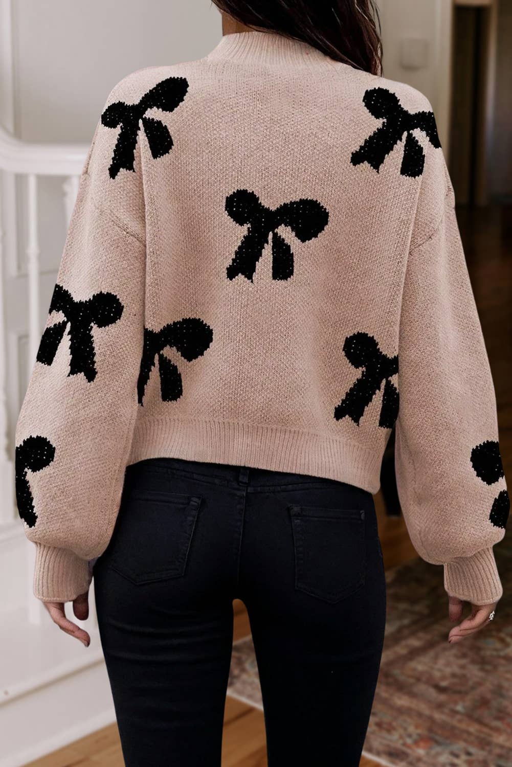 Pearl Trim Bow Pattern Bubble Sleeve Sweater