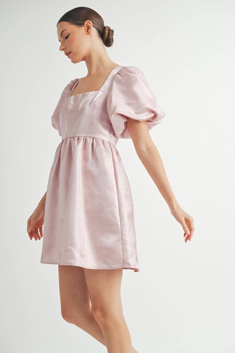 Shiny Pink Organza Puff Sleeve Mini Dress