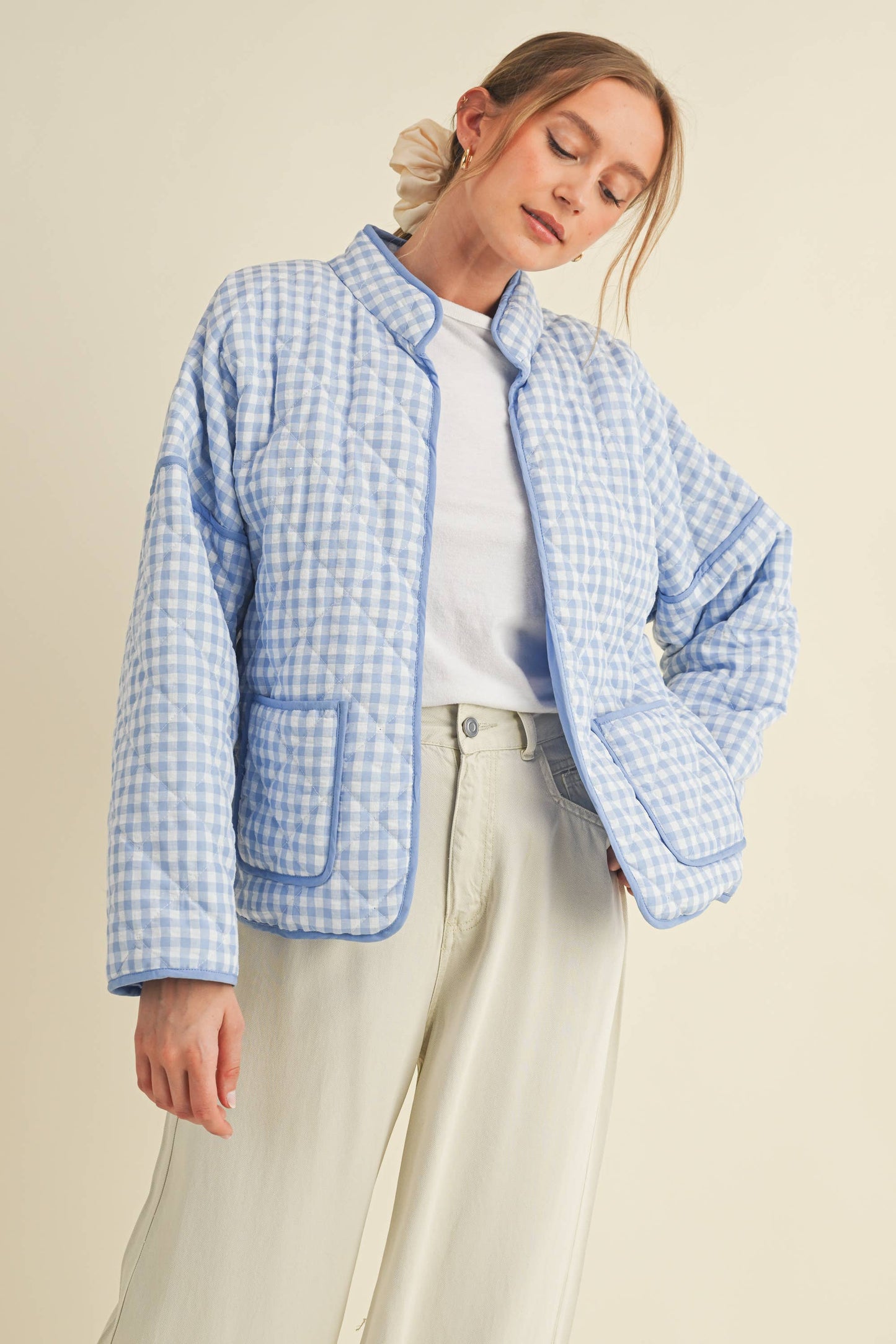 QUILTED PLAID PUFF JACKET WITH POCKETS