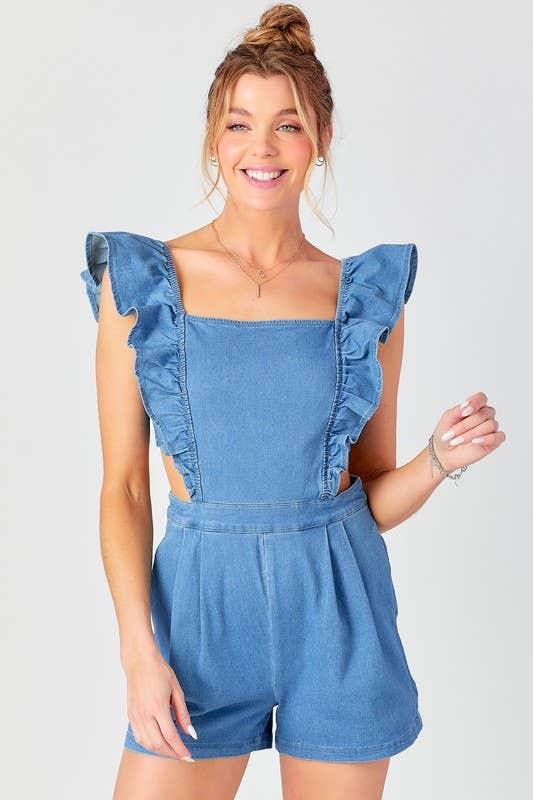 Ruffle Shoulder Denim Romper