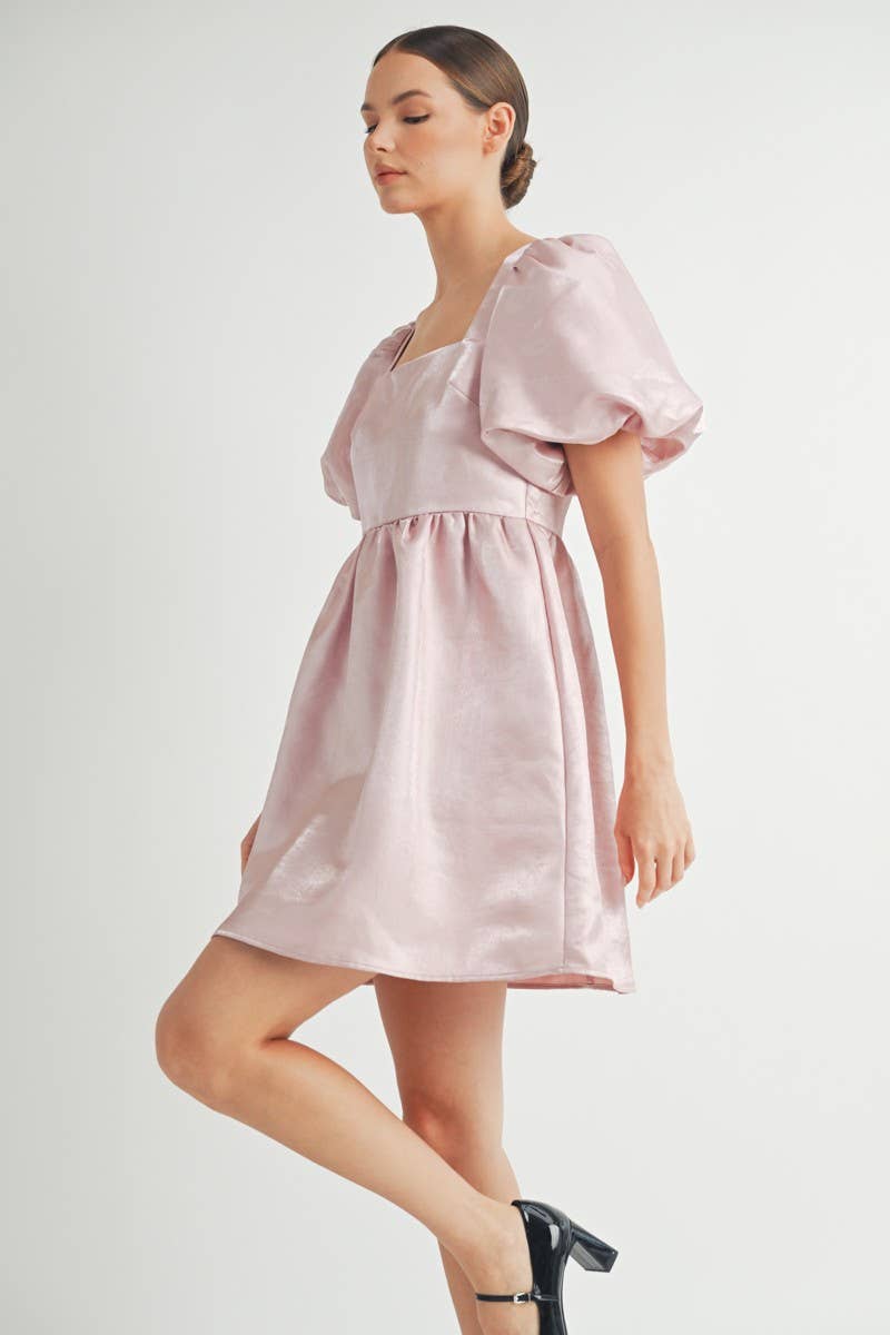 Shiny Pink Organza Puff Sleeve Mini Dress