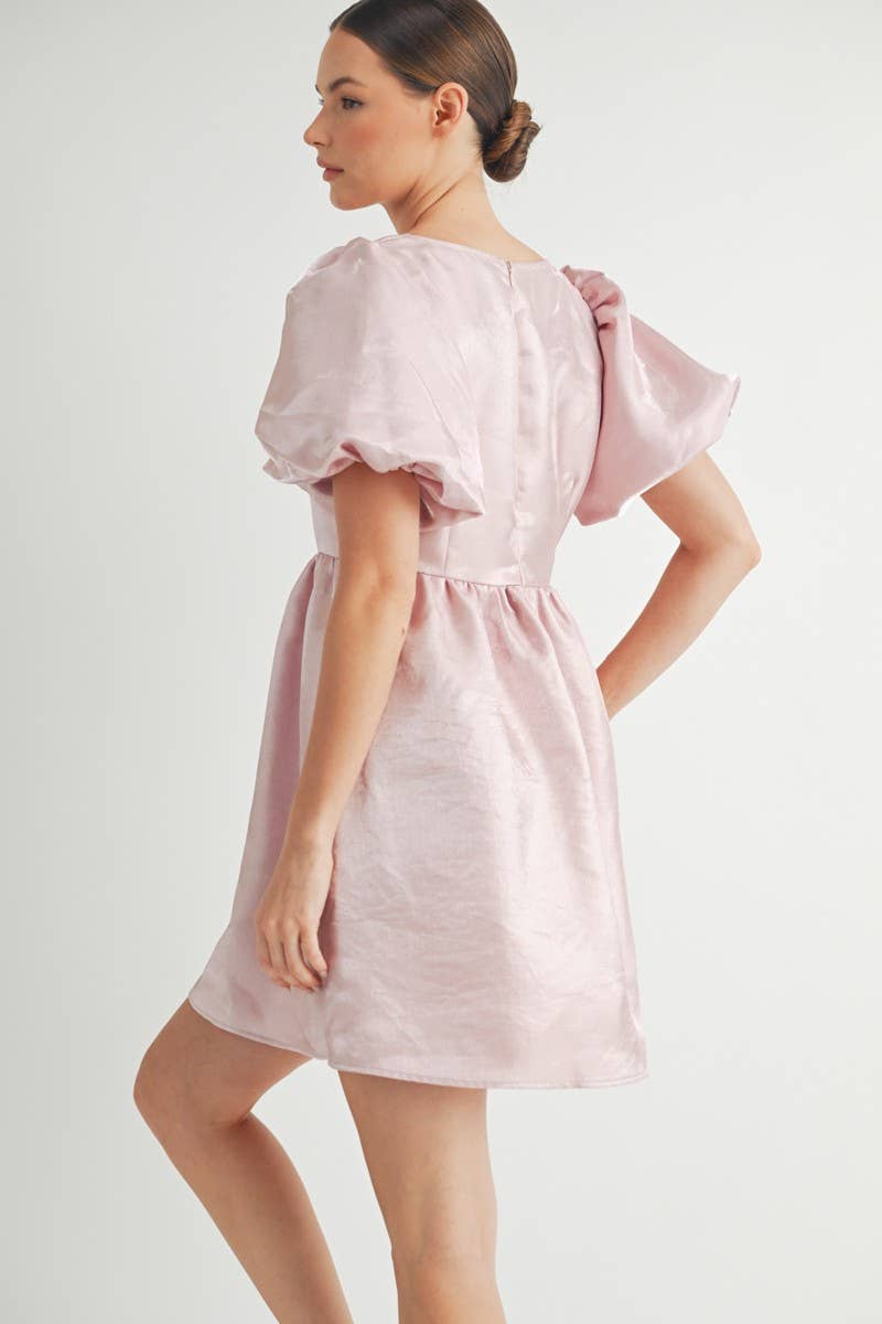 Shiny Pink Organza Puff Sleeve Mini Dress