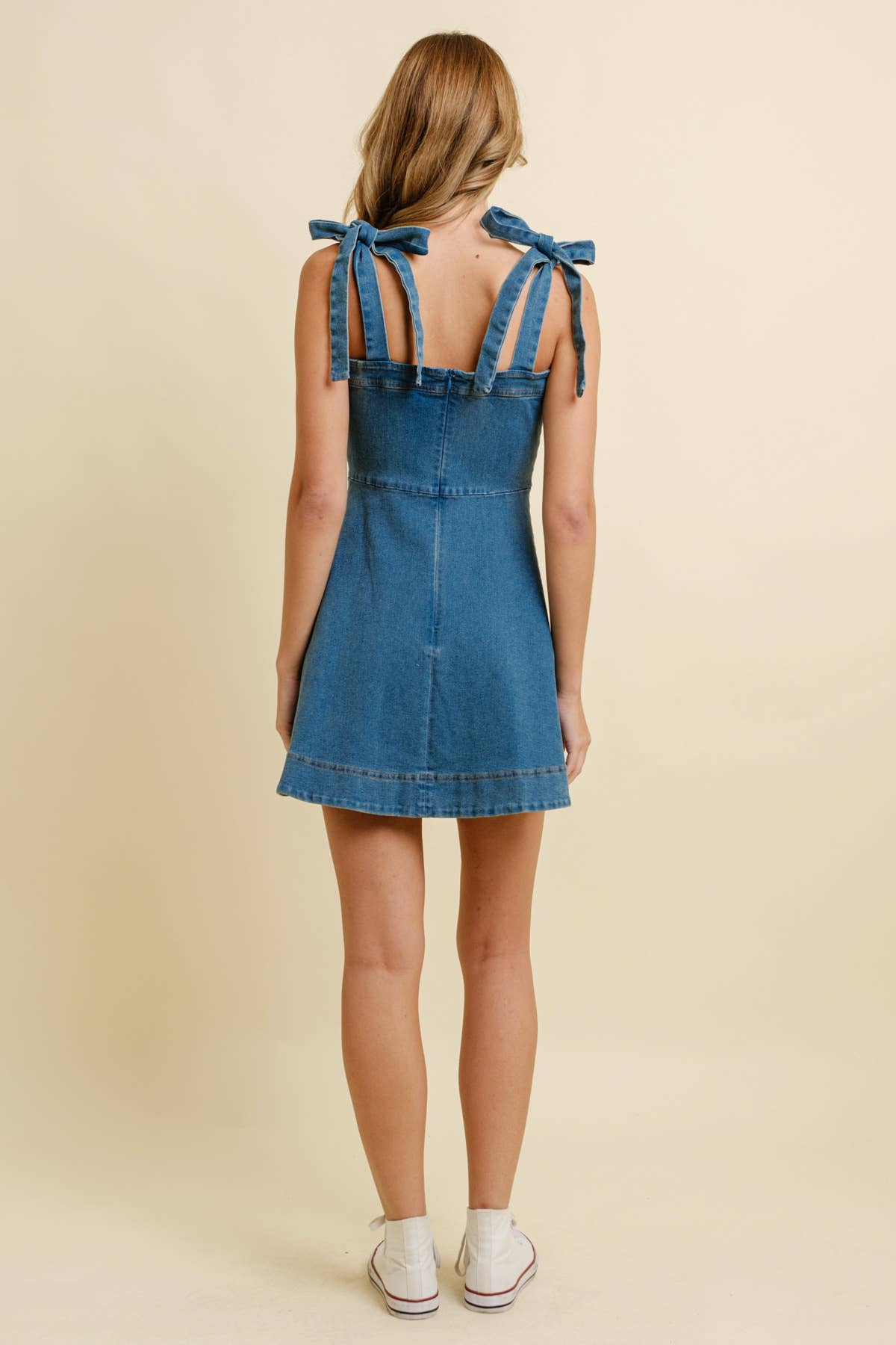 DENIM STRAP TIE MINI DRESS