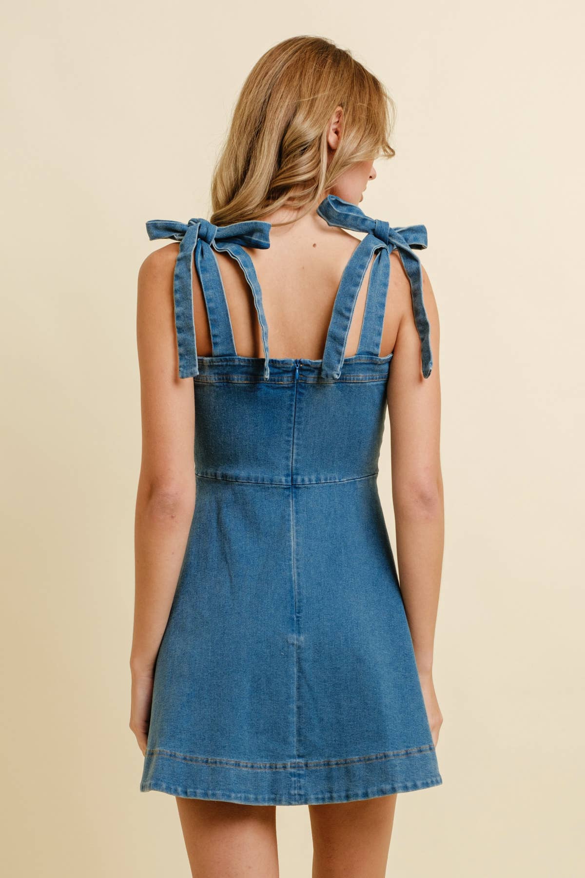DENIM STRAP TIE MINI DRESS