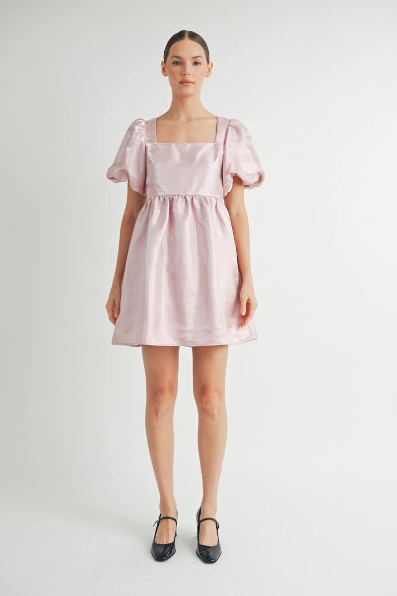 Shiny Pink Organza Puff Sleeve Mini Dress