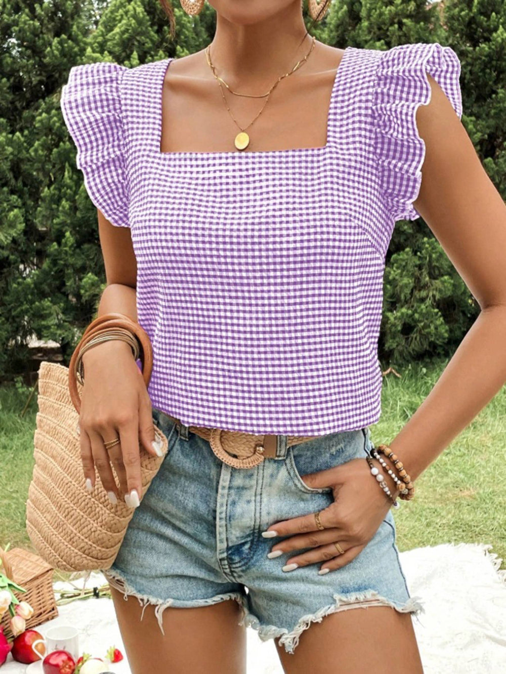 Checkered Square Collar Ruffled Shirt Top