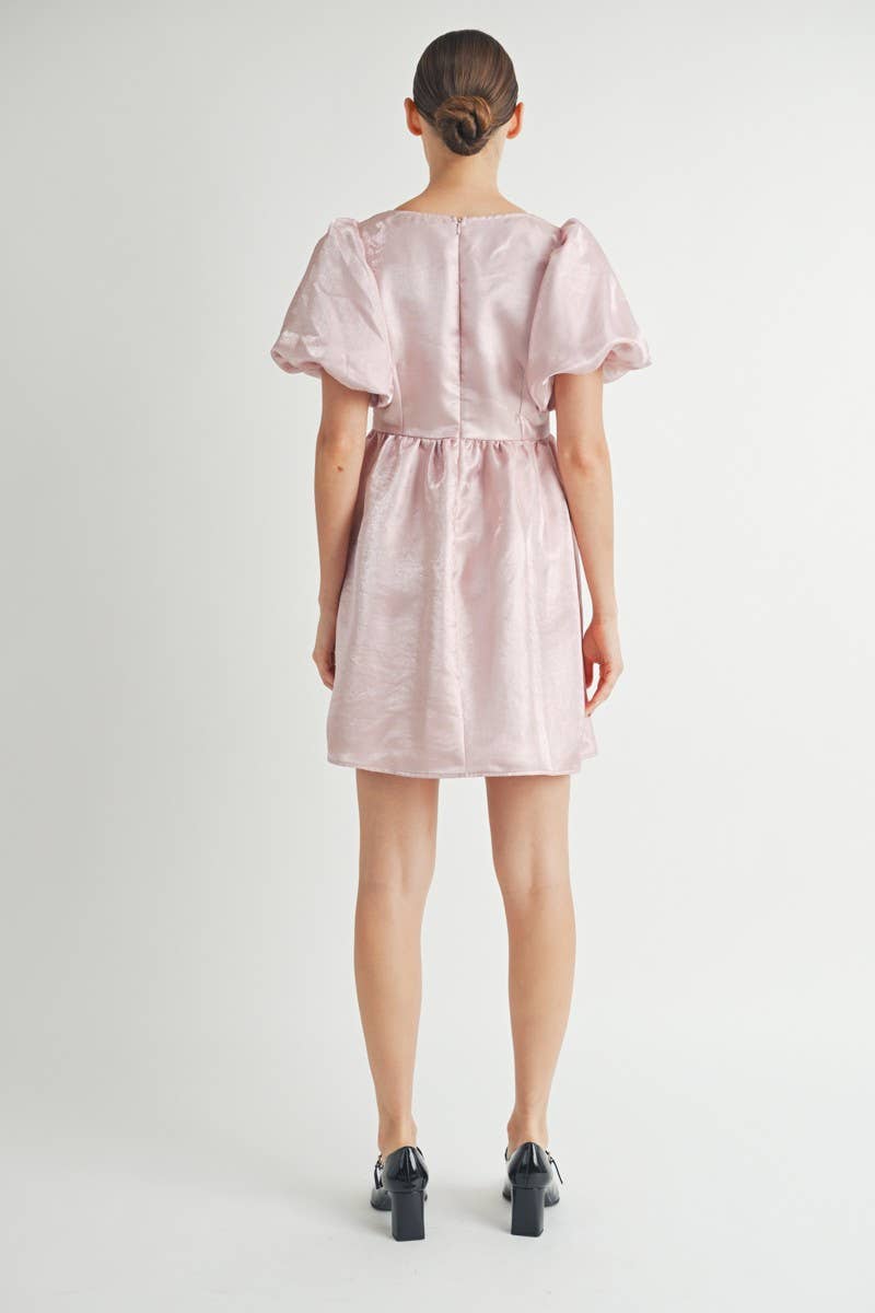 Shiny Pink Organza Puff Sleeve Mini Dress