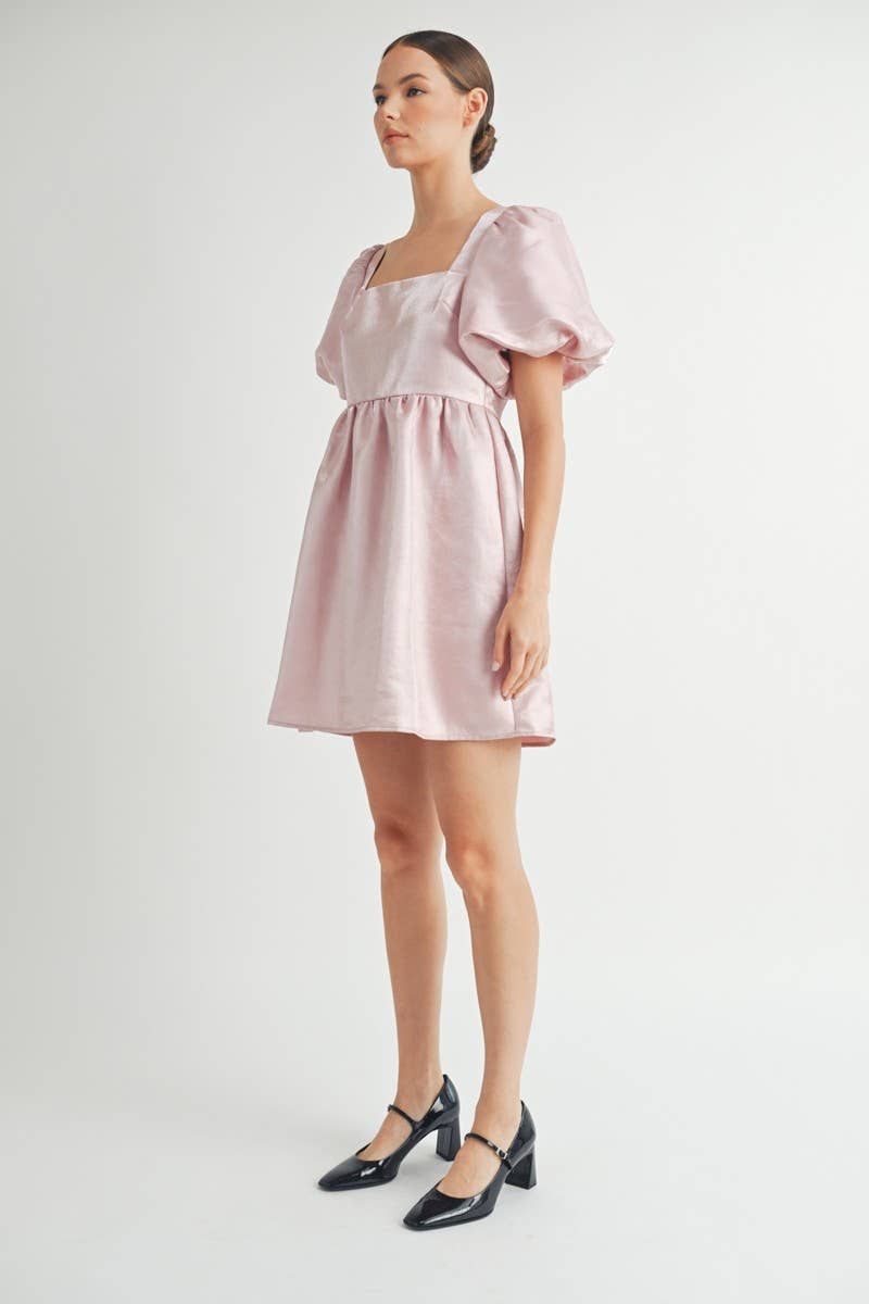 Shiny Pink Organza Puff Sleeve Mini Dress