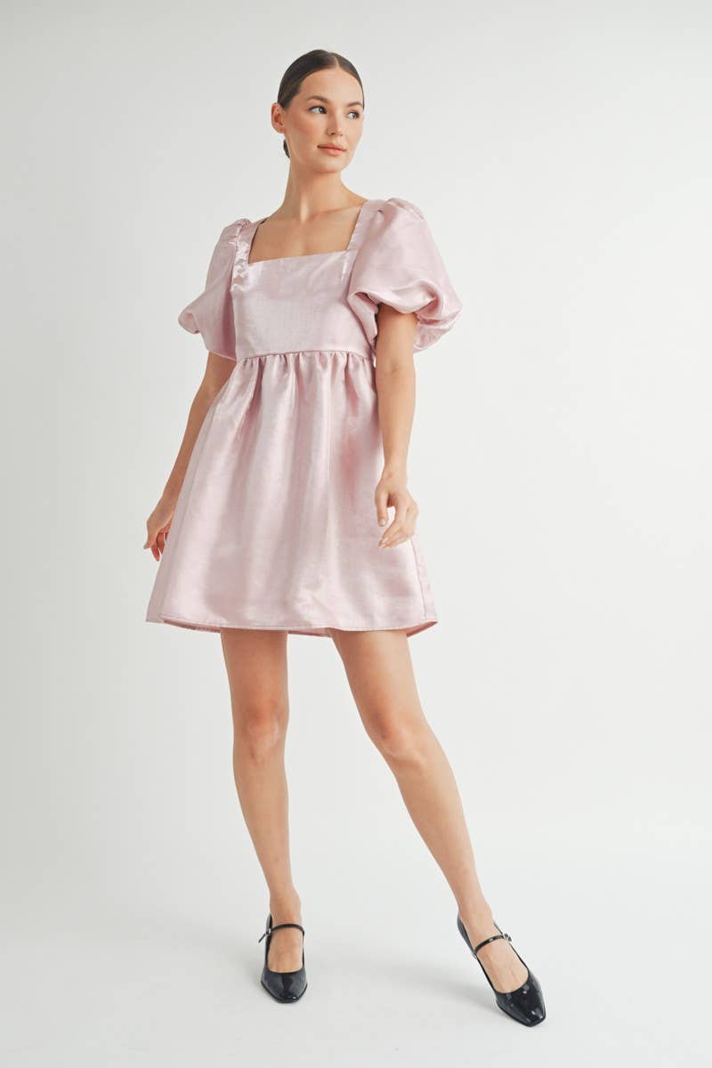 Shiny Pink Organza Puff Sleeve Mini Dress