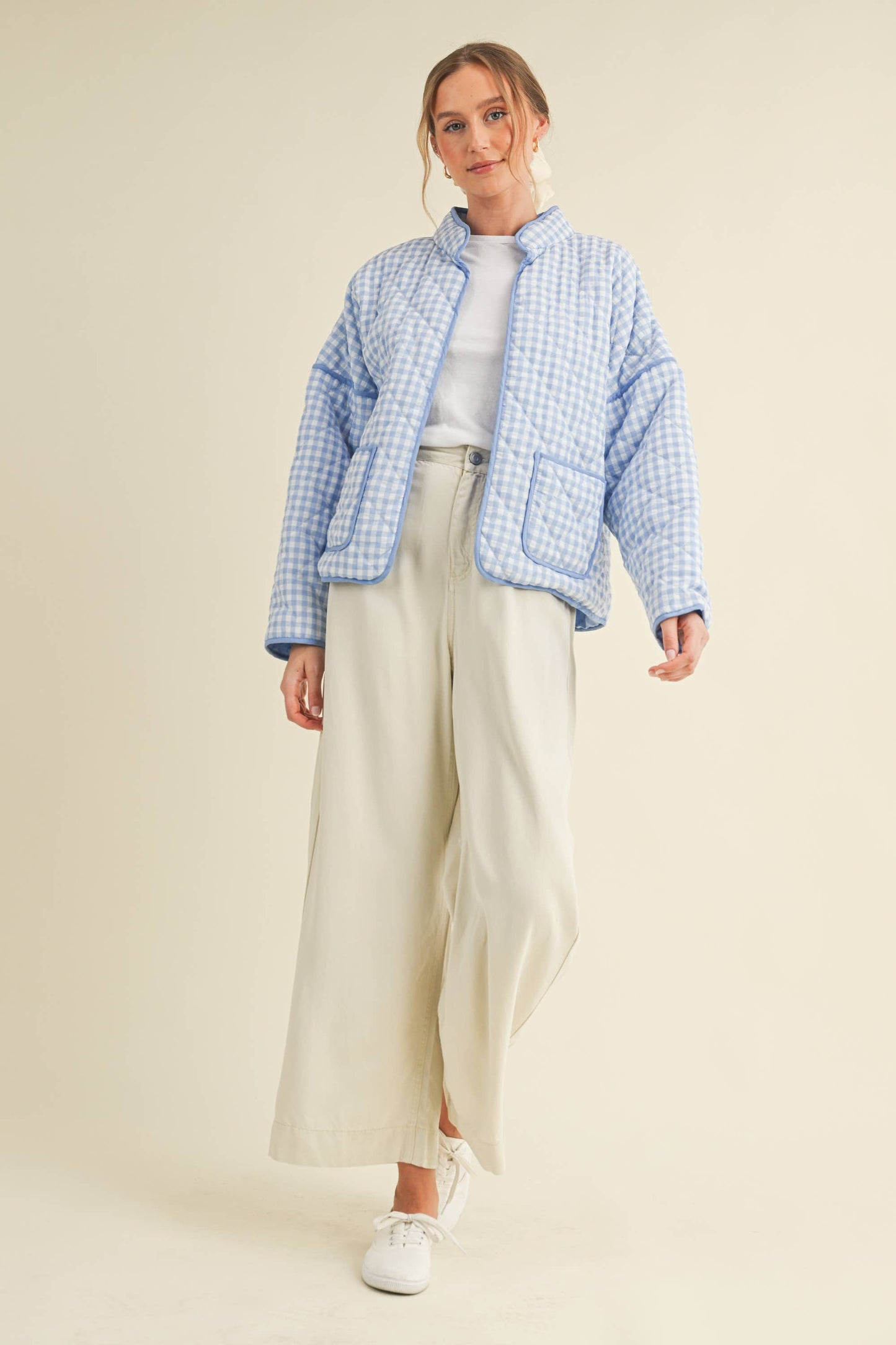 QUILTED PLAID PUFF JACKET WITH POCKETS