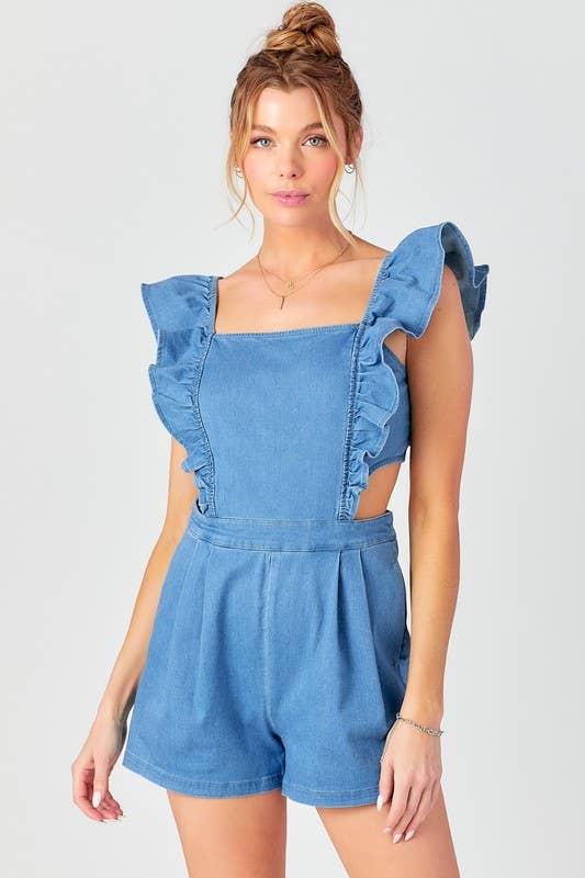 Ruffle Shoulder Denim Romper