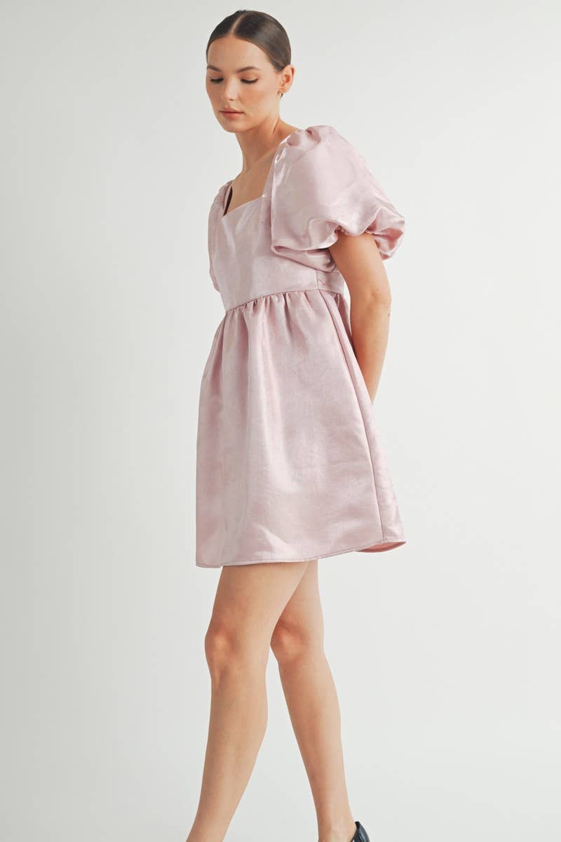Shiny Pink Organza Puff Sleeve Mini Dress
