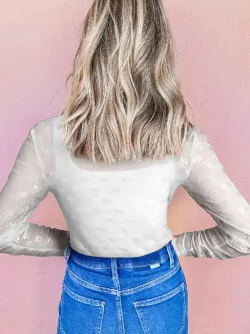 Pink Mesh Bow Pattern Long Sleeve Top
