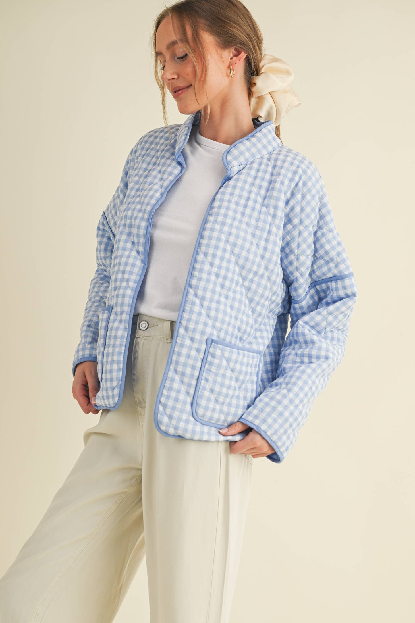 QUILTED PLAID PUFF JACKET WITH POCKETS