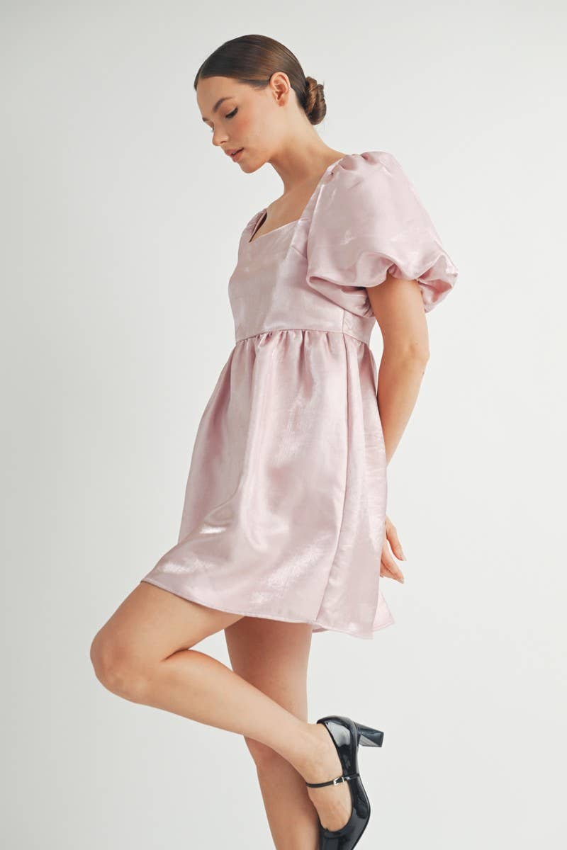 Shiny Pink Organza Puff Sleeve Mini Dress