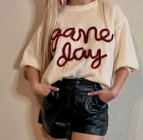 Cream Quarter Sleeve Sweater- Game Day w/ Red tinsel
