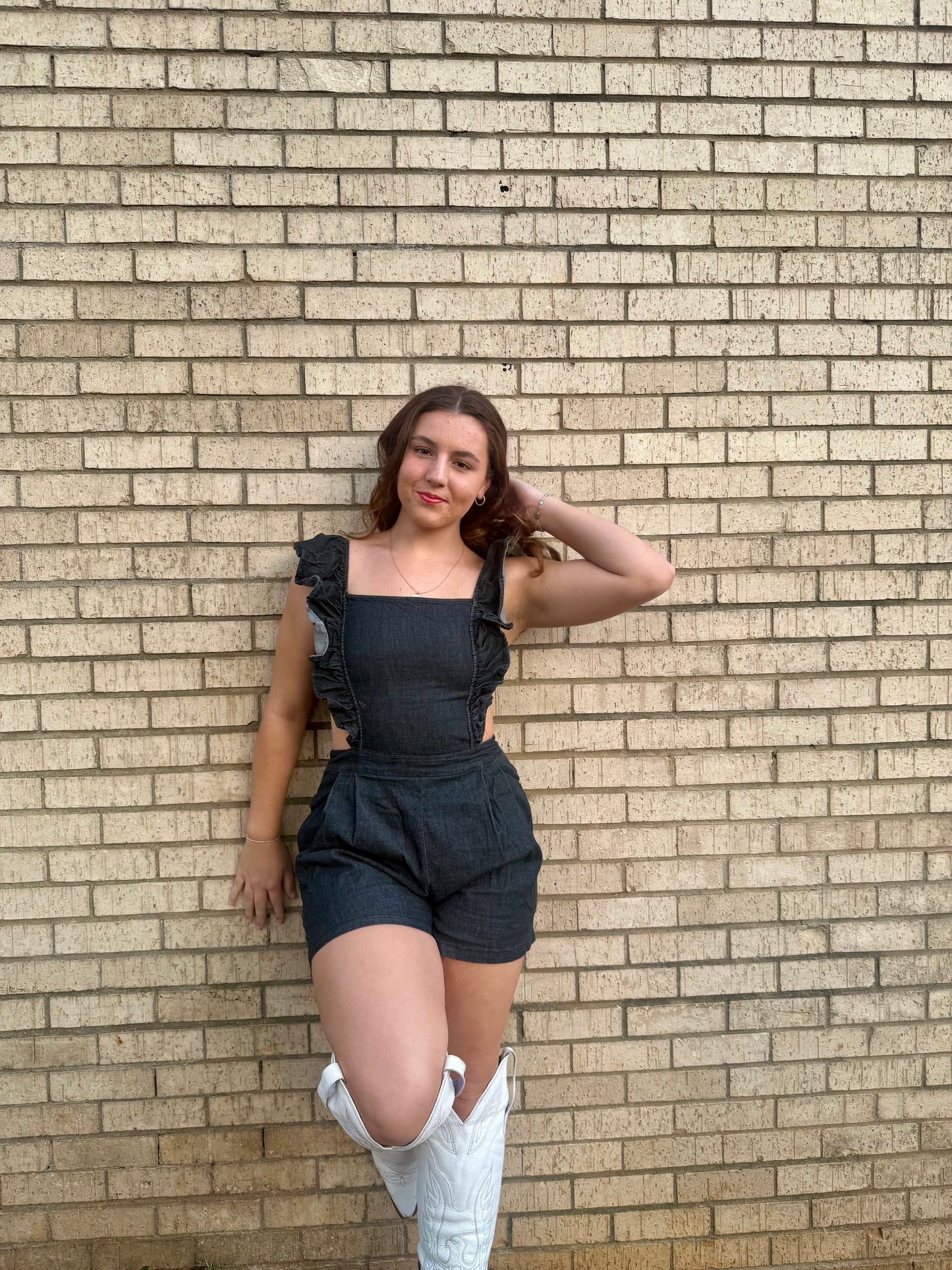 Ruffle Shoulder Denim Romper