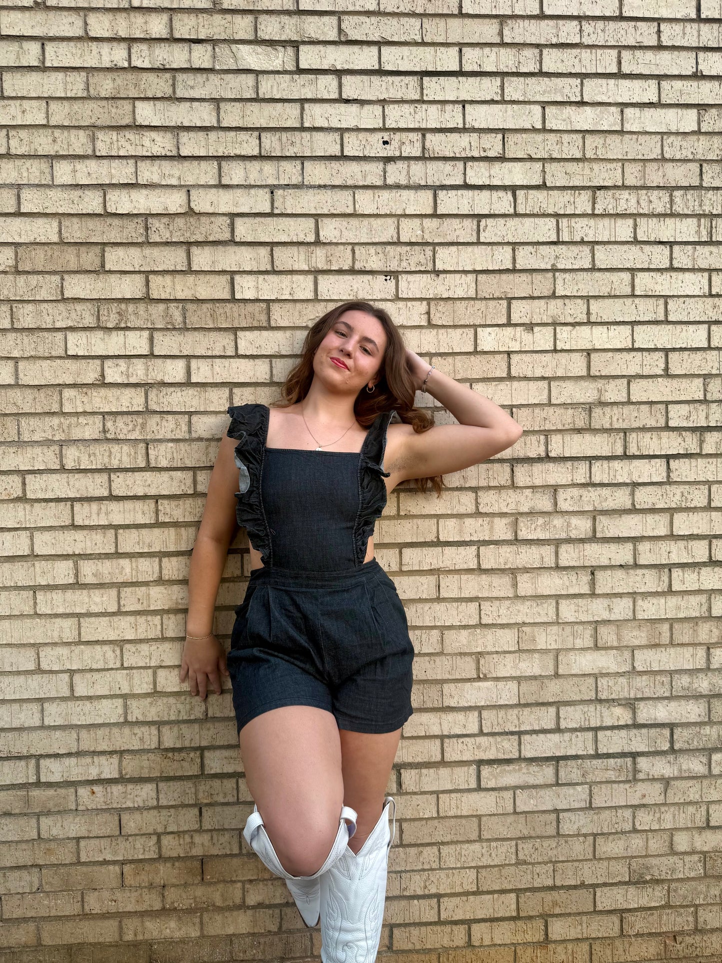 Ruffle Shoulder Denim Romper