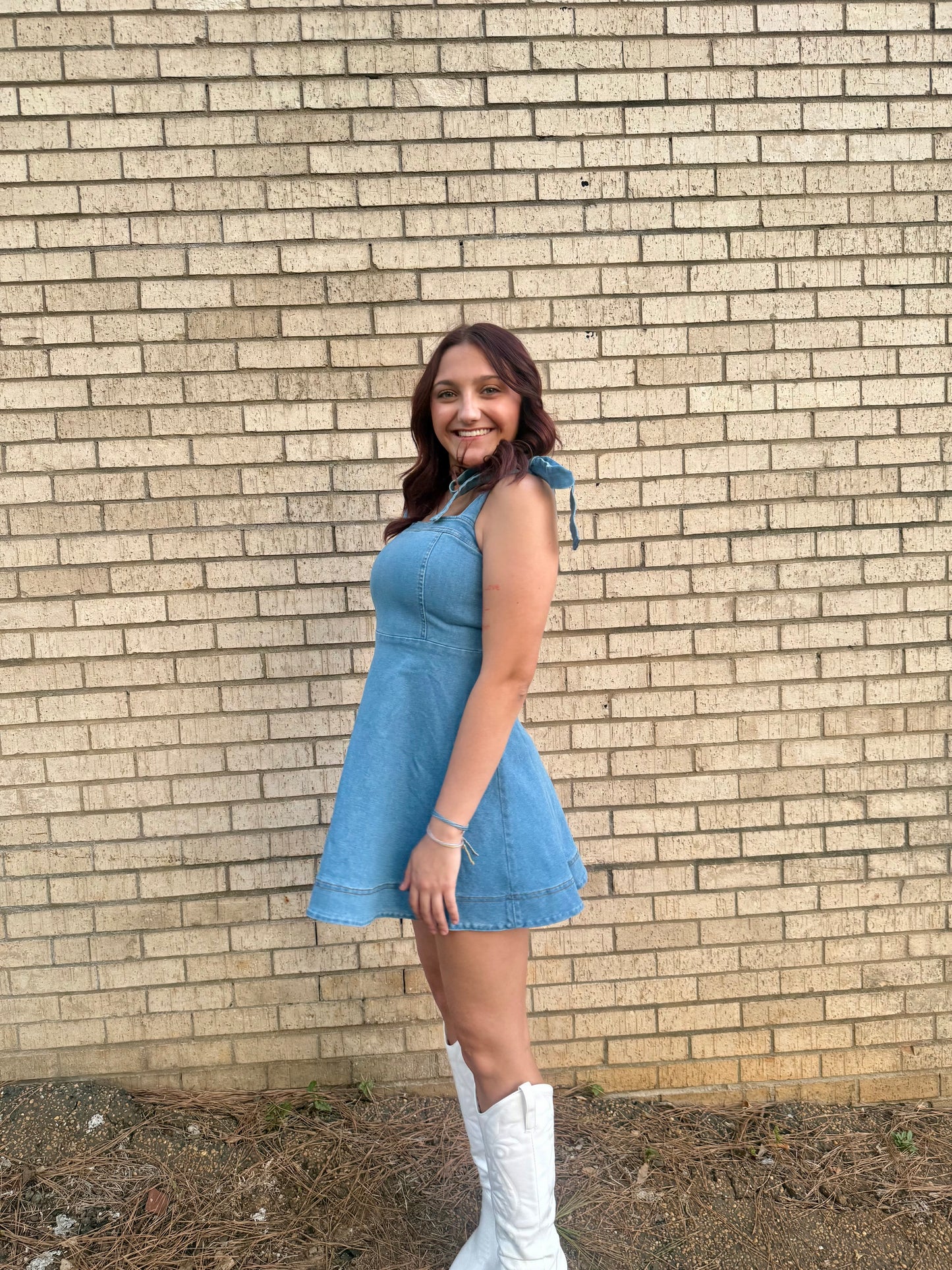 DENIM STRAP TIE MINI DRESS