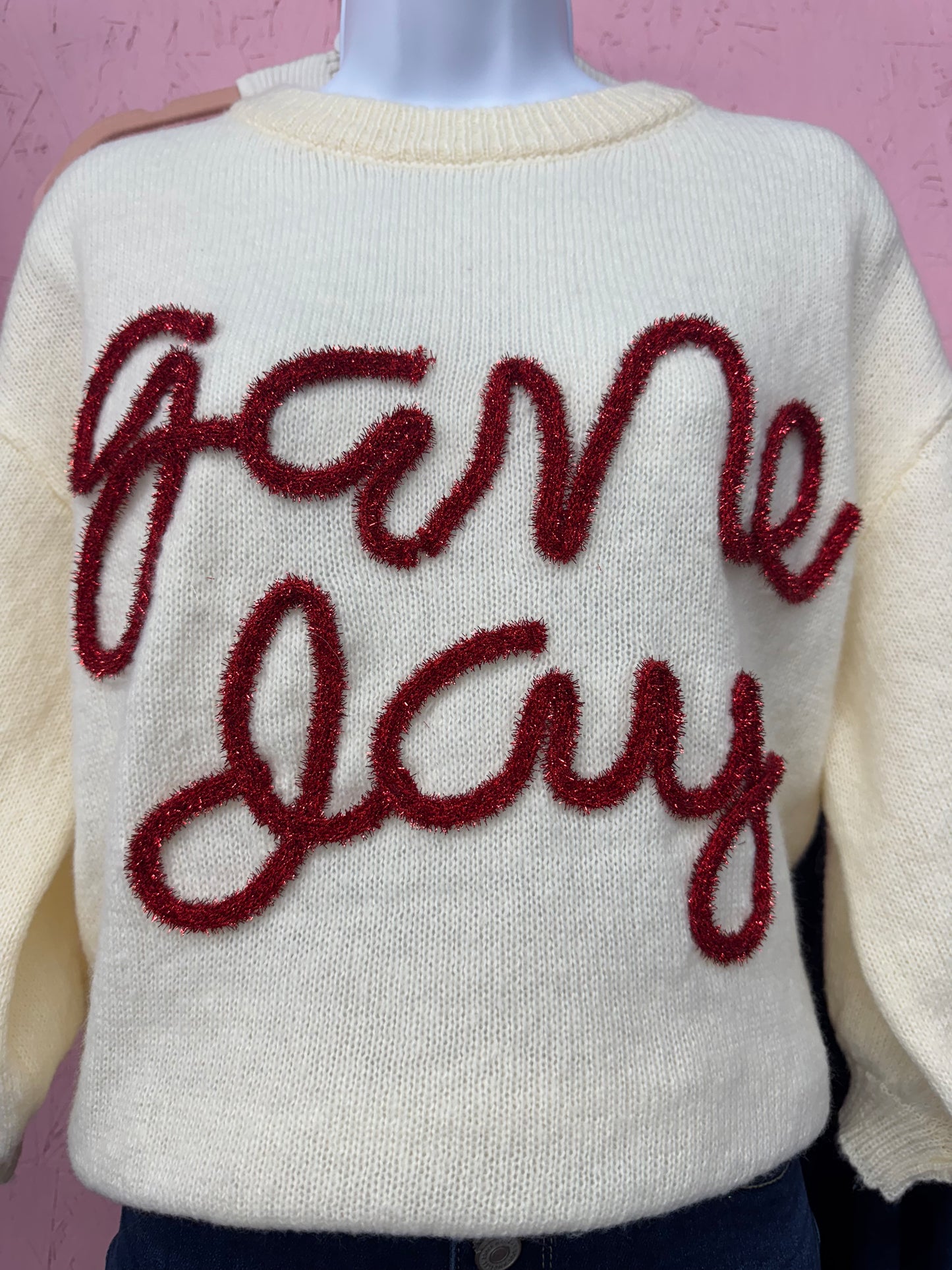 Cream Quarter Sleeve Sweater- Game Day w/ Red tinsel