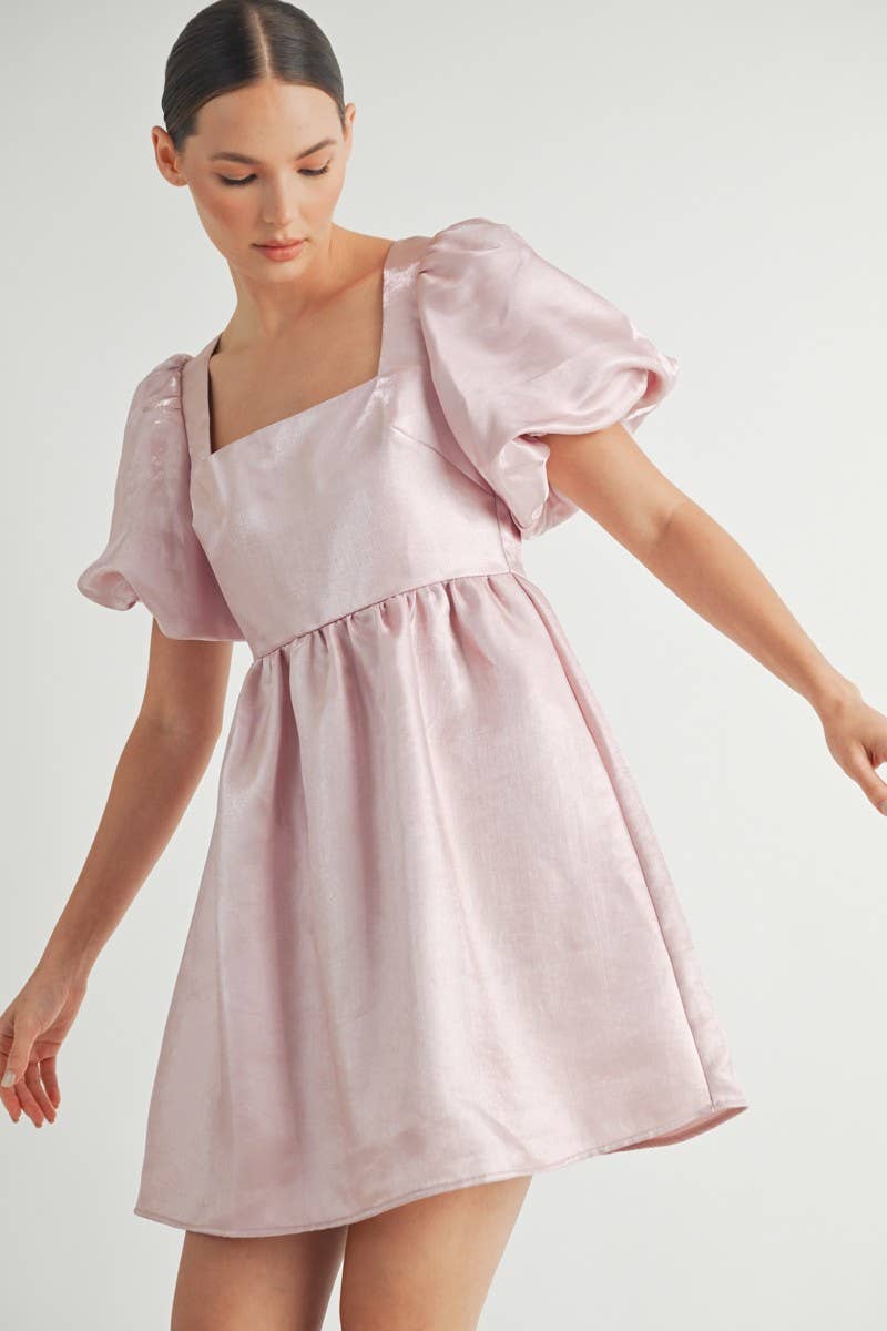 Shiny Pink Organza Puff Sleeve Mini Dress