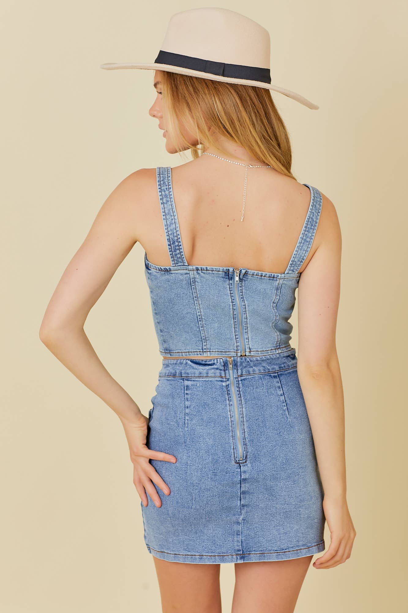 Denim Mini Skirt With Slit and Ribbon Bow