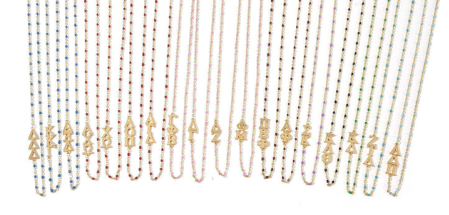 N201-The Sorority Necklace: Side Set Greek letters on Enamel Bead Necklace