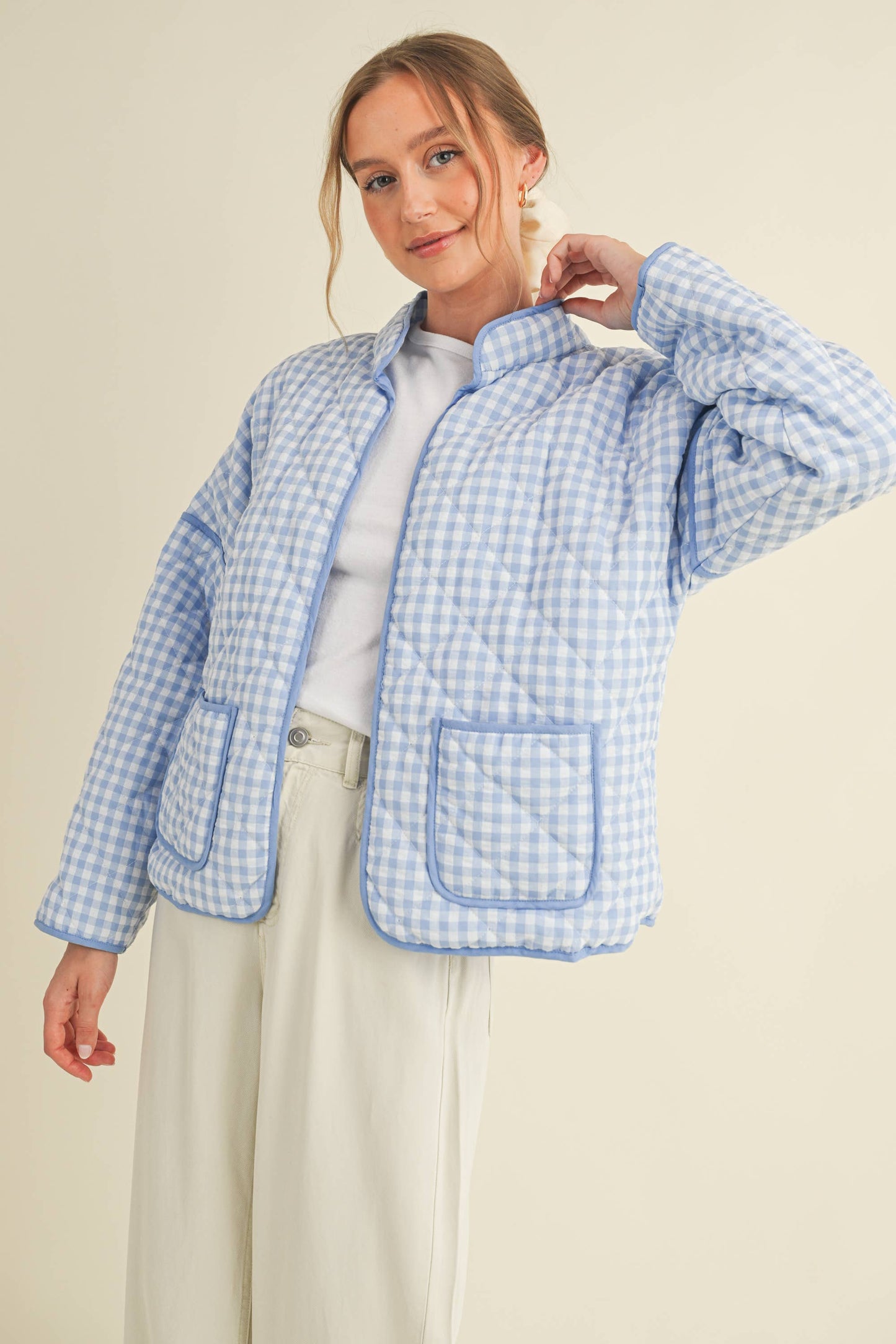QUILTED PLAID PUFF JACKET WITH POCKETS