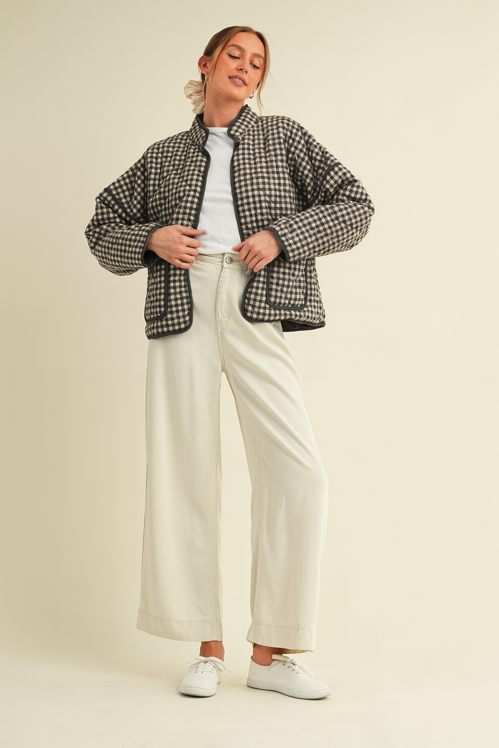 QUILTED PLAID PUFF JACKET WITH POCKETS
