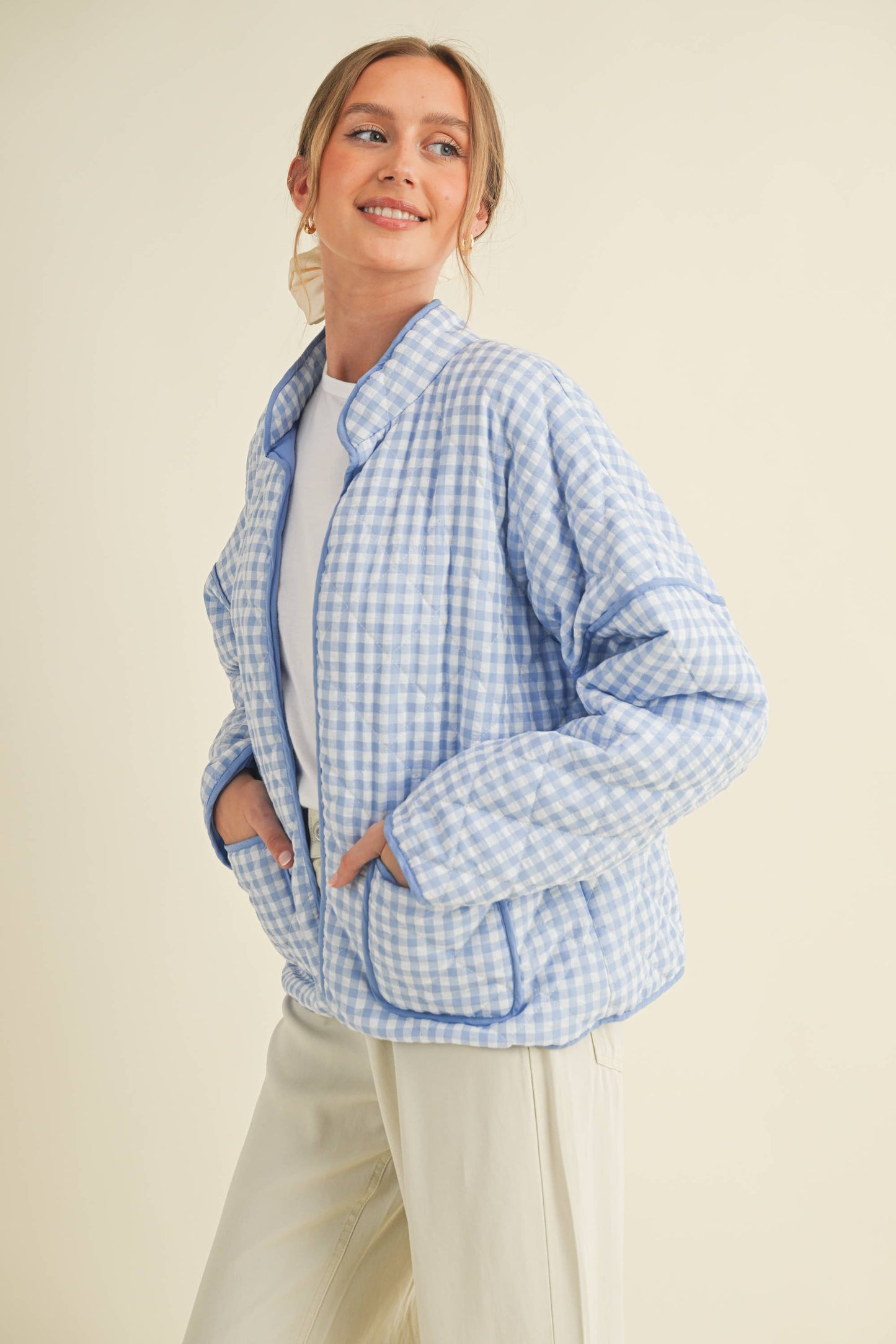 QUILTED PLAID PUFF JACKET WITH POCKETS