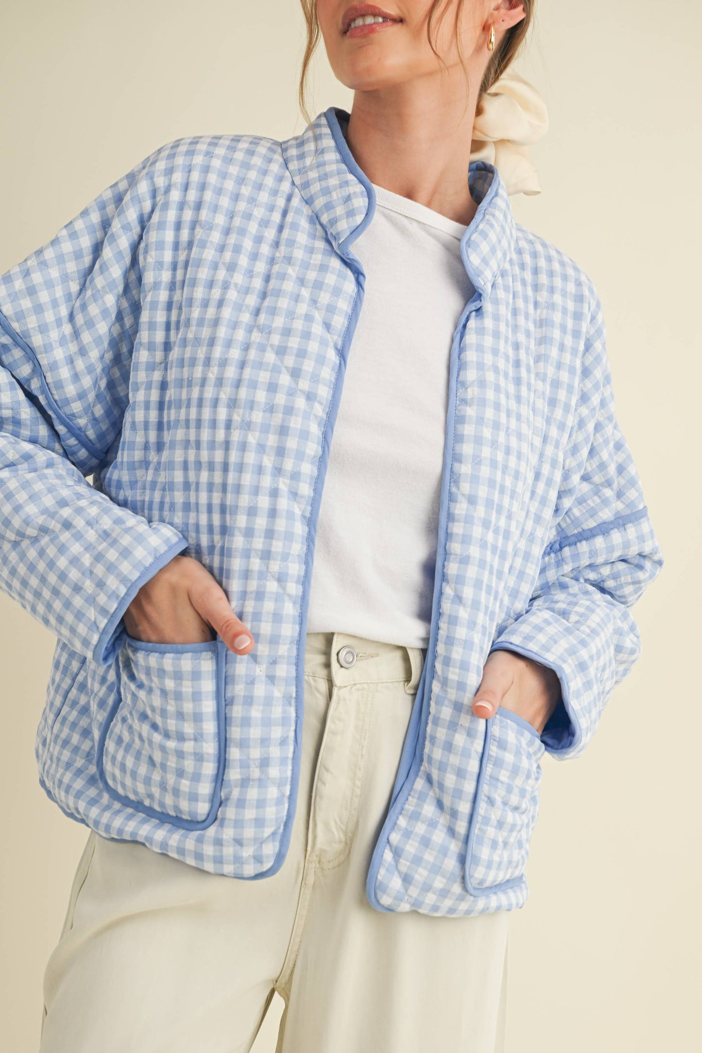 QUILTED PLAID PUFF JACKET WITH POCKETS