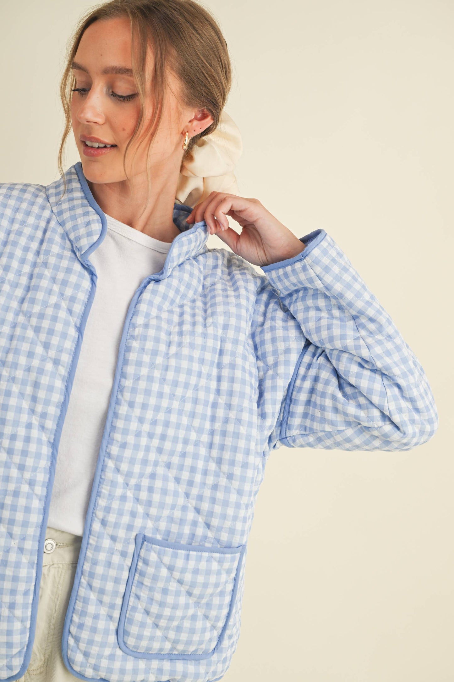 QUILTED PLAID PUFF JACKET WITH POCKETS