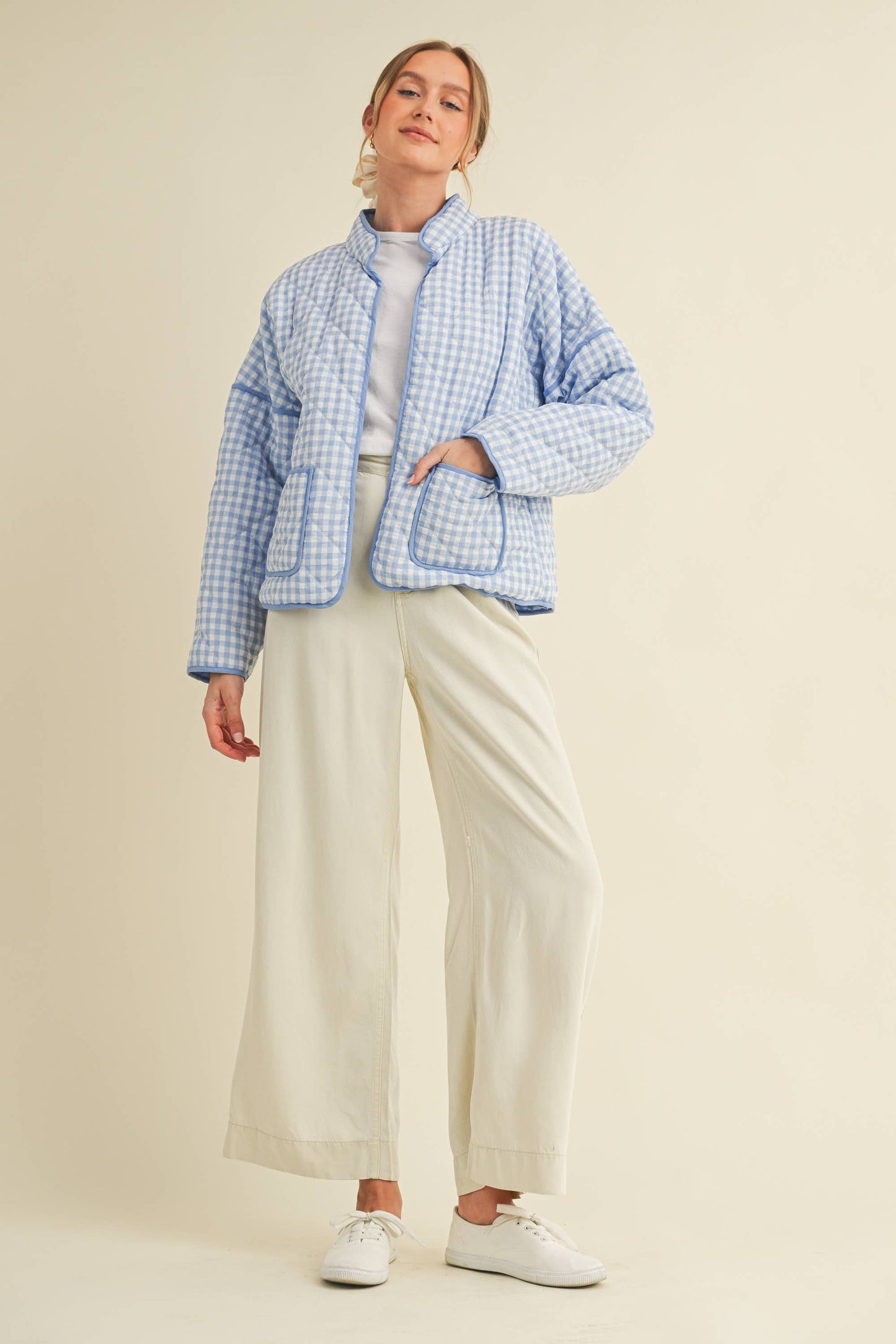 QUILTED PLAID PUFF JACKET WITH POCKETS