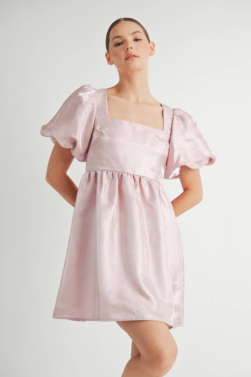 Shiny Pink Organza Puff Sleeve Mini Dress