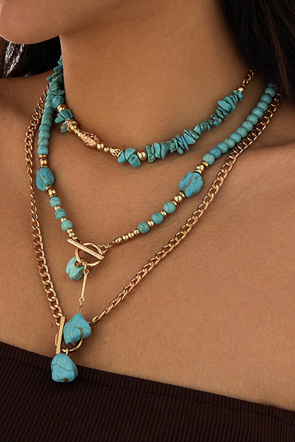 Plated Toggle Clasp Turquoise Cable Chain Layered Necklace