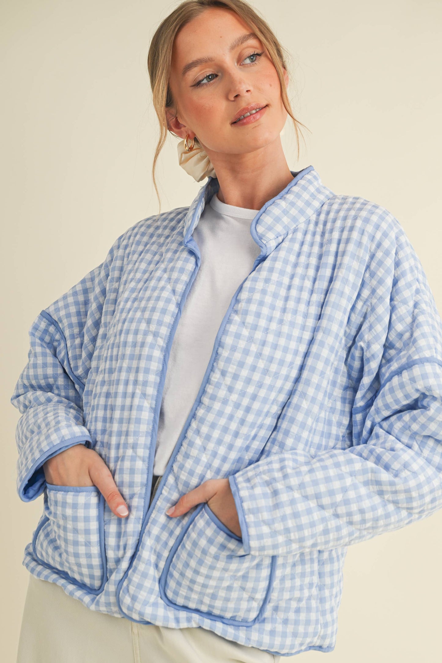 QUILTED PLAID PUFF JACKET WITH POCKETS