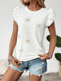 Beaded Bow Bubble Sleeve Short Sleeved Top
