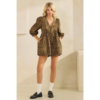 Printed Pleated Long Sleeve Denim Romper