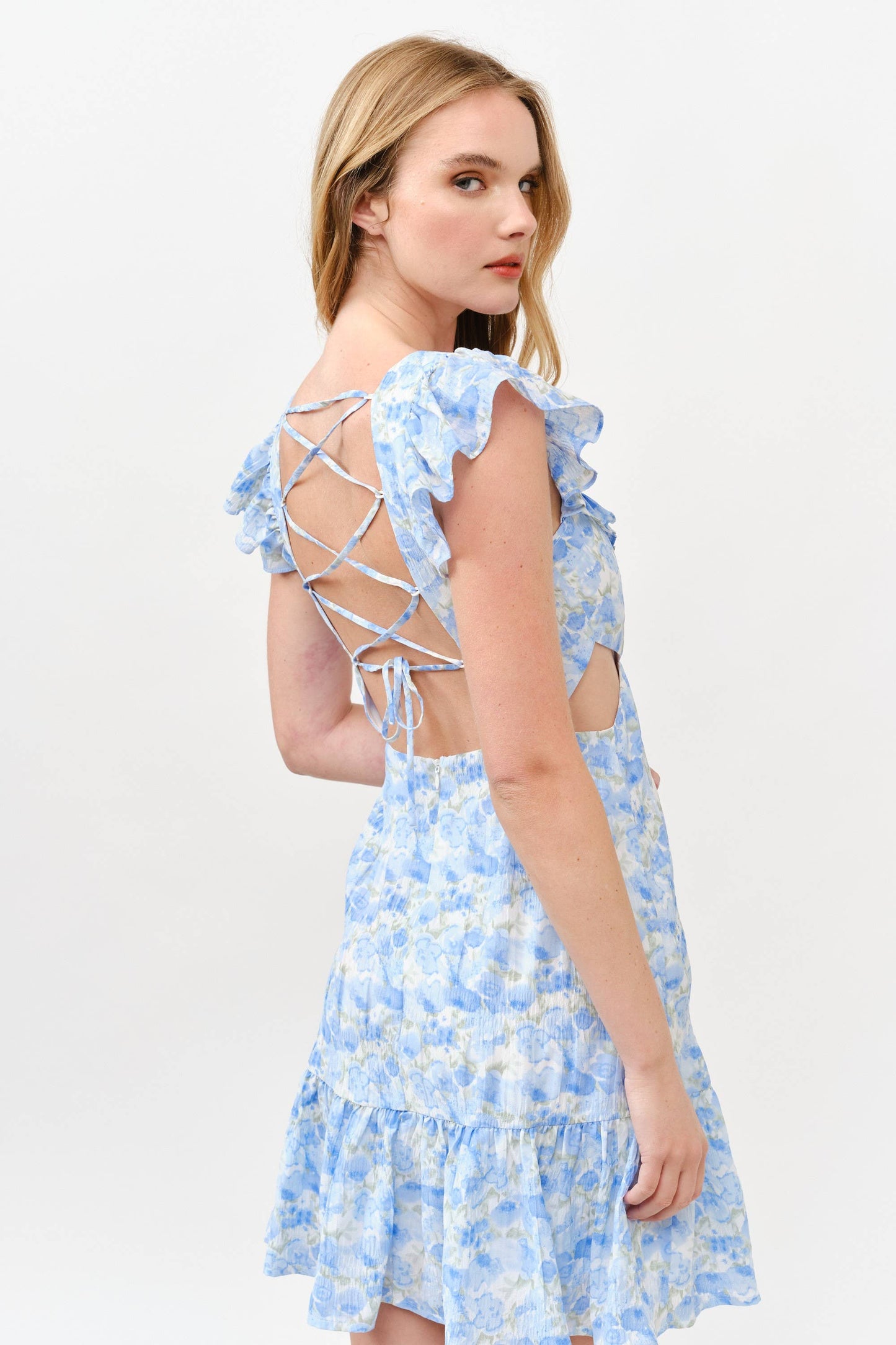 Floral Ruffle Cutout Mini Dress - Blue Watercolor -1