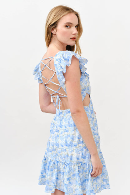 Floral Ruffle Cutout Mini Dress - Blue Watercolor -1