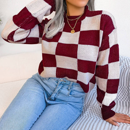 Colorblock Plaid Knit Sweater For Women