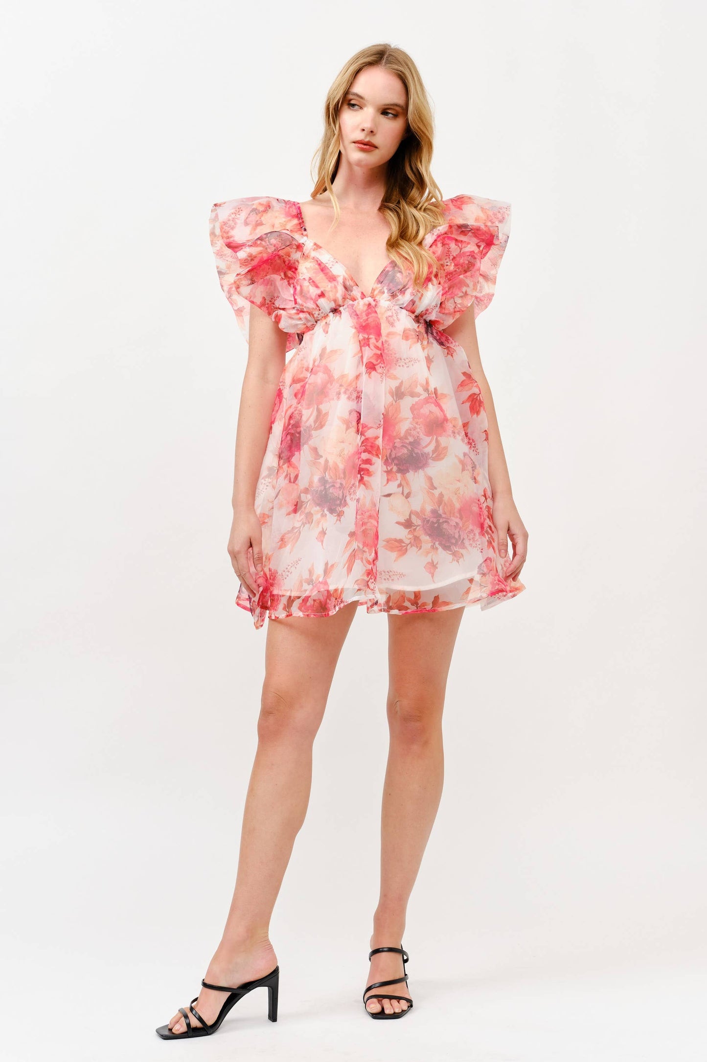Pink Floral Chiffon Mini Dress with Ruffle Sleeves -1