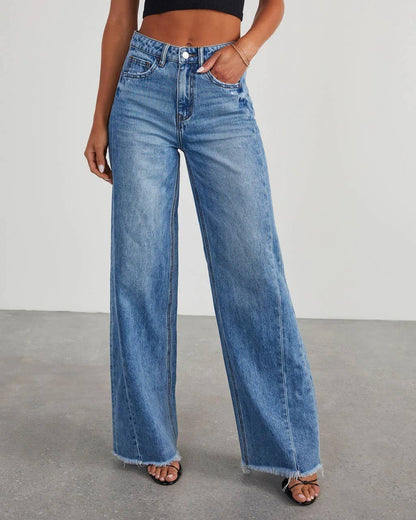 Wide-Leg Patchwork Fringe Hem Jeans