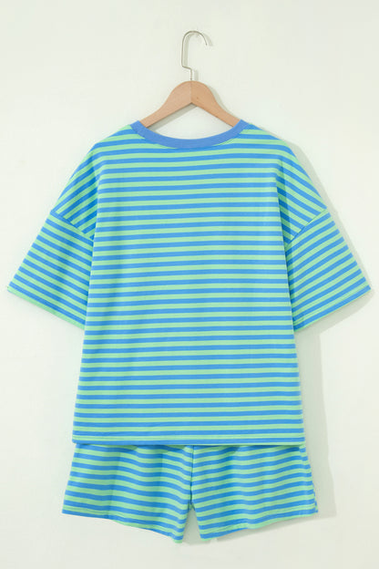 Blue Stripe Striped Ribbed Cotton Two-Piece Short Set with Chest Patch Detail