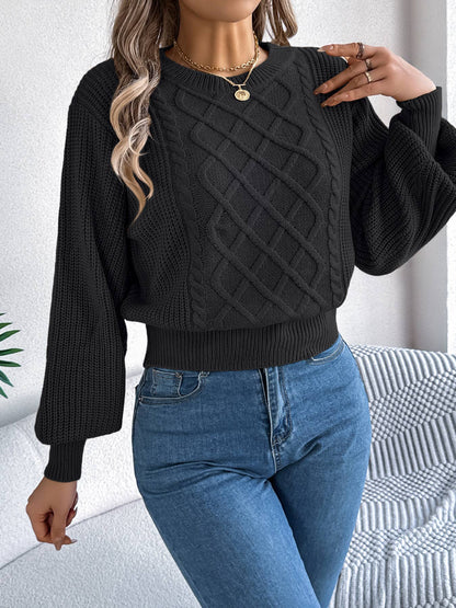 Cable Knit Pullover Sweater with Lantern Sleeves